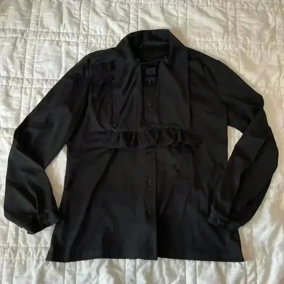 Vintage gothic pleated ruffled necktie black button down shirt women’s large - Picture 3 of 5